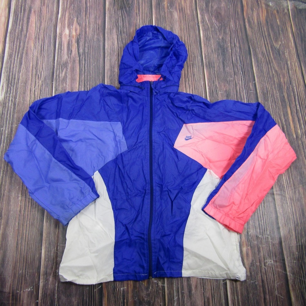 Vintage Nike Jacket Mens Medium Blue Colorblock Hooded Nylon Windbreaker